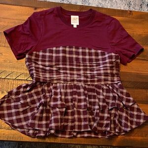 5a7 Burgundy Plaid Peplum Top